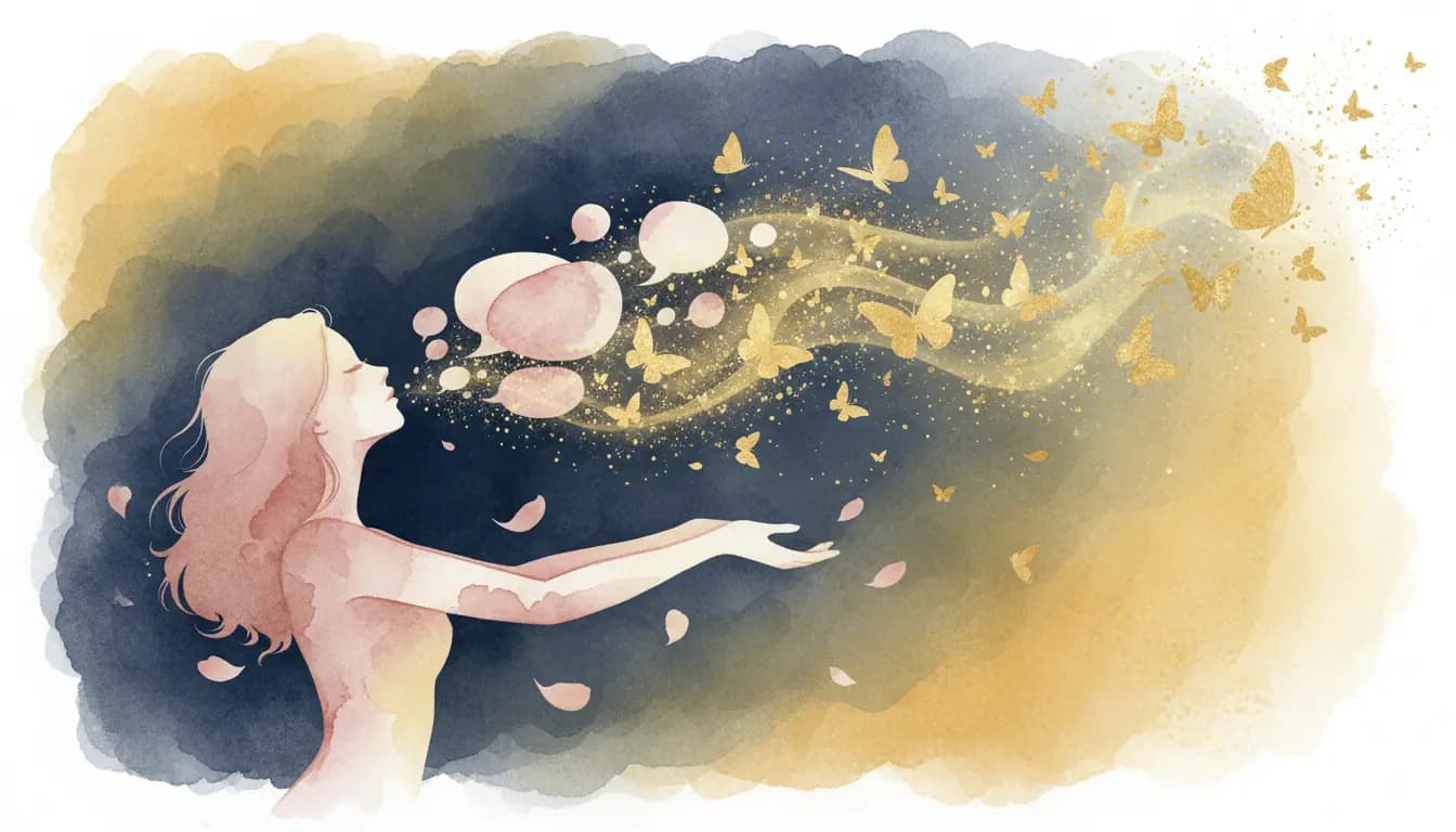 Kobieta uwalniająca się od nawyku przepraszania — akwarelowa ilustracja w ciepłych odcieniach