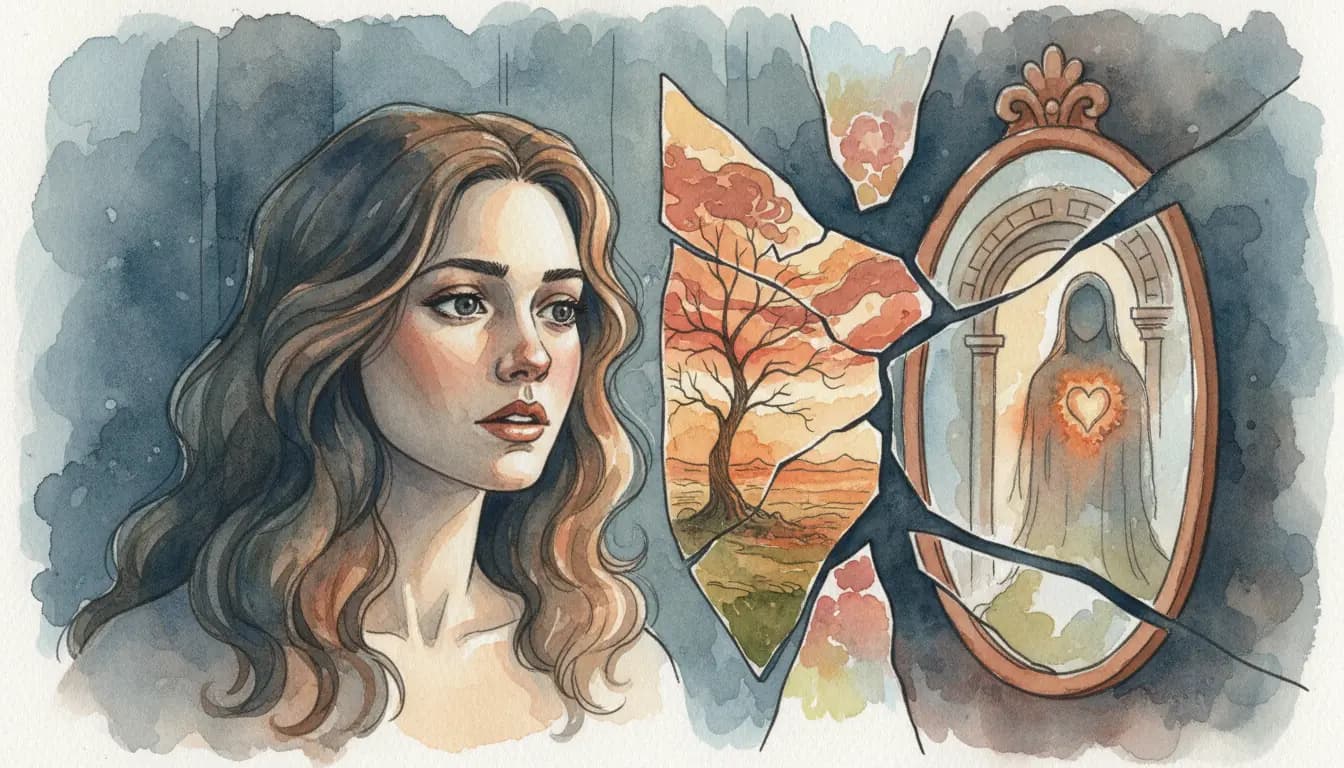 Kobieta patrząca w rozbite lustro — akwarelowa ilustracja w odcieniach granatu i terakoty