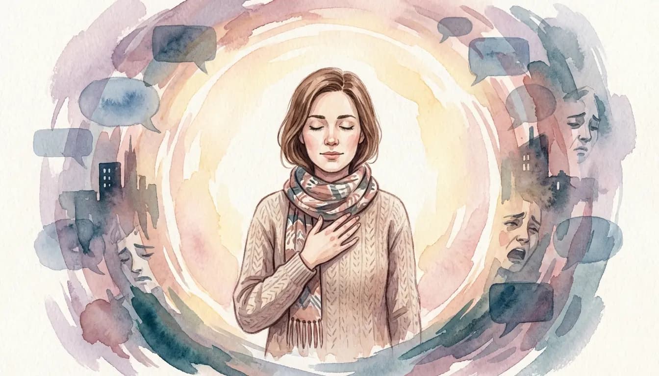 Kobieta oddychająca spokojnie mimo zewnętrznego chaosu — akwarelowa ilustracja w ciepłych odcieniach