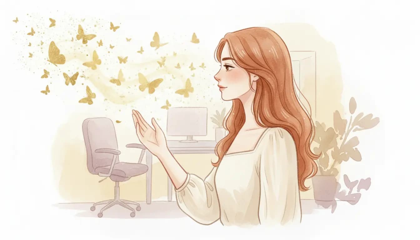 Kobieta mówiąca spokojnie i stanowczo podczas rozmowy — akwarelowa ilustracja w ciepłych odcieniach