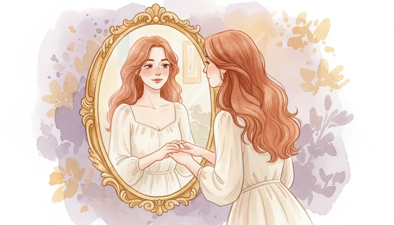 Kobieta patrząca w lustro — akwarelowa ilustracja w ciepłych odcieniach fioletu i złota