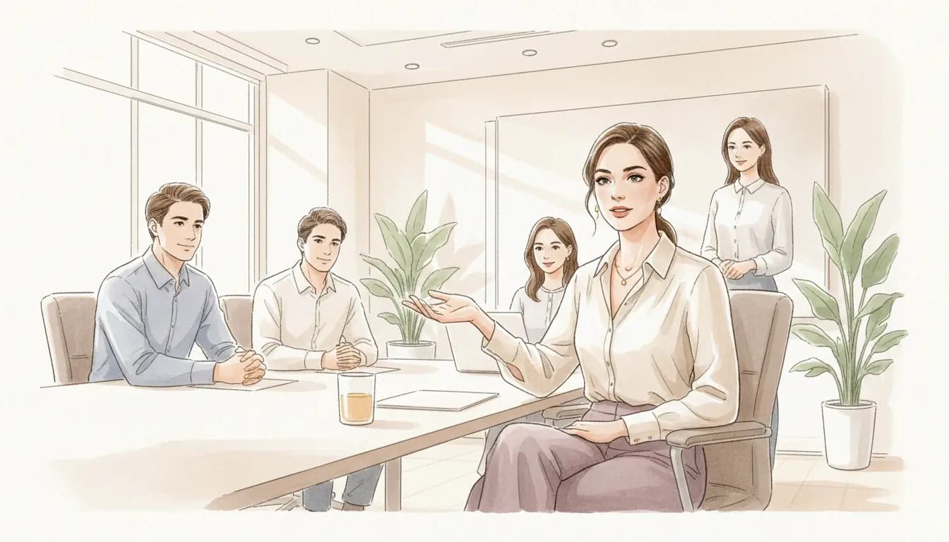 Kobieta rozmawiająca spokojnie i stanowczo w biurze, akwarelowa ilustracja w ciepłych odcieniach